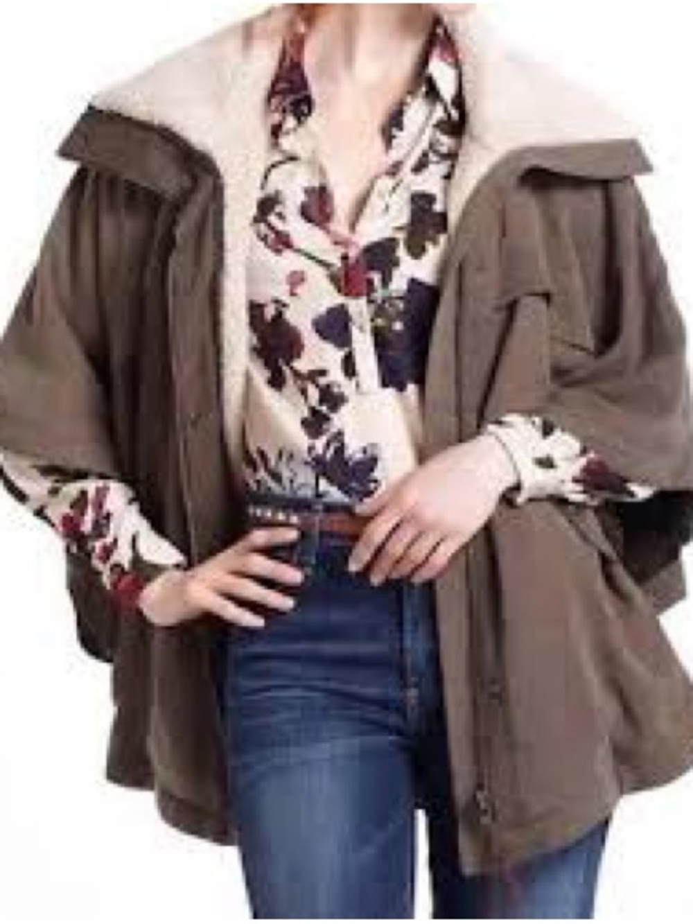Anthropologie Olive Sherpa-Lined Utility Cape Jacket